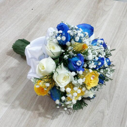 Buquê rosas amarela e azul e branco