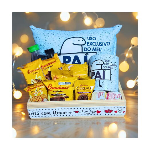 Cesta Cafe Da Manhã/Tarde Com Almofada E Caneca Flork "Uso Exclusivo do Meu Pai"