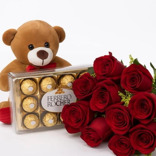 Buquê de 12 Rosas Vermelhas com Urso de Pelucia e Chocolate