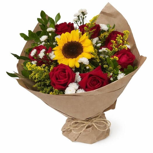 Buquê Girassol com Rosas Vermelhas