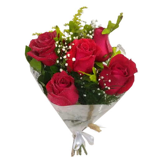 5 Rosas Decoradas com egypsio ,tango, gardenia enroladas no celofane e laço de cetim