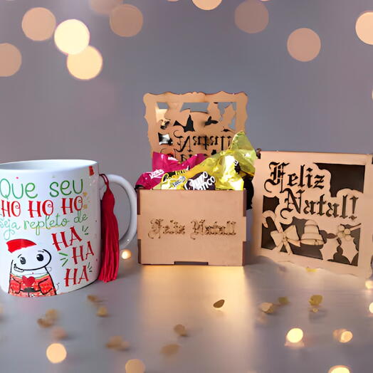 Kit Caneca Natal e Caixa "Feliz Natal" com Bombons Sonho de Valsa e Ouro Branco