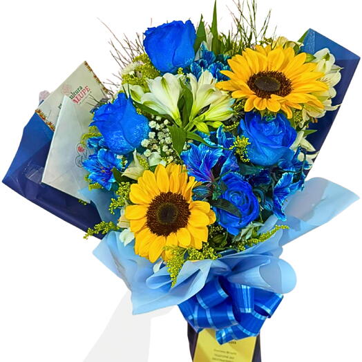 Buquê 4 Rosas Azuis e 2 Girassois