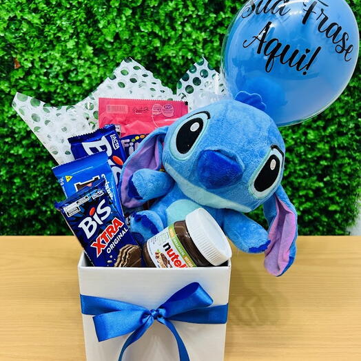 Box com Pelucia Stitch e Balão Personalizado