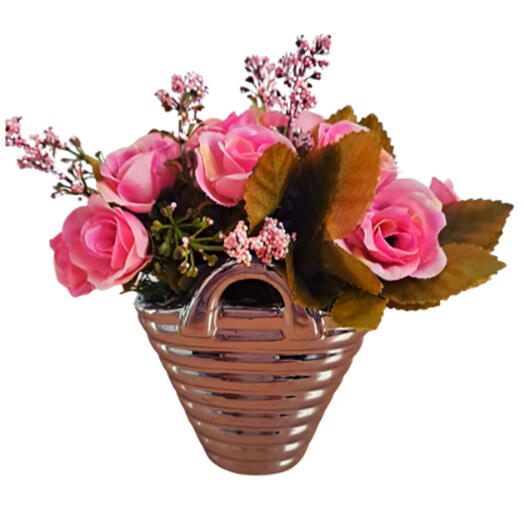 Mini Arranjo vaso cerâmica prateado com mini rosas