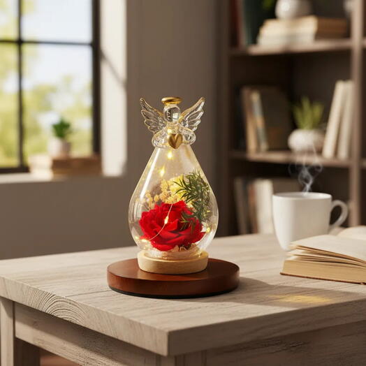 Cupula anjo com rosa e  led 15cm