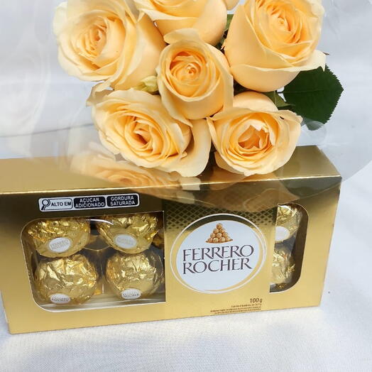 Buquê 6 Rosas Champane   Ferrero Rocher