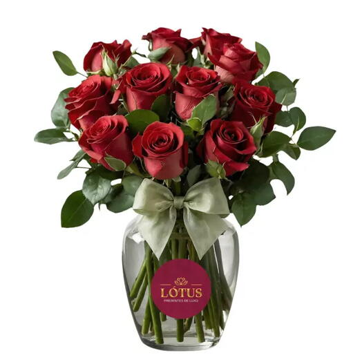 Arranjo de 12 Rosas no Vaso de Vidro (Escolha a Cor das Rosas)