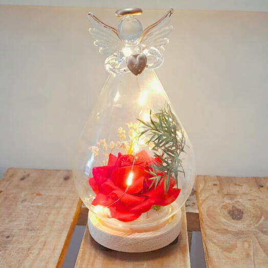 Cupula anjo com rosa e  led 15cm