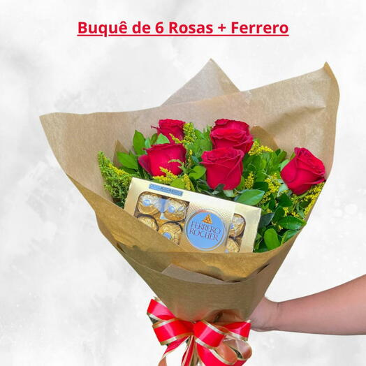 Buquê 6 rosas + chocolate Ferrero