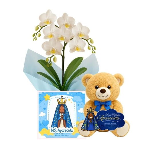 Arranjo de Orquidea branca no Cachepo da Nossa Senhora de Aparecida + Urso Medio