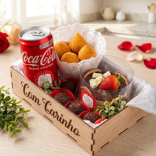 Kit Festa Com Carinho - Bolo, Coxinha, Brigadeiro e Coca Cola