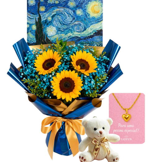 Trio de Girassois Noite Estrelada com Colar e Ursinho Pitico