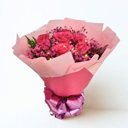 Buquê 6 Rosas Pink e Luz de Fada