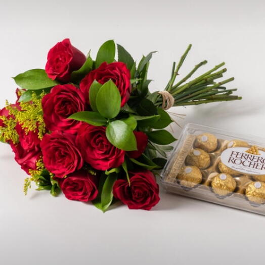 Buquê de 12 Rosas Vermelhas e Chocolate