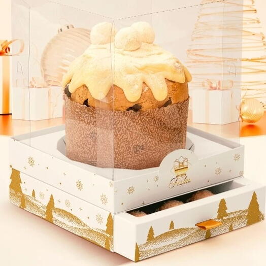 Caixa presenteavel com 1 panettone artesanal chocotone e 16 bombons