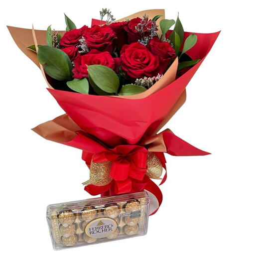 Buquê 12 Rosas e Ferrero