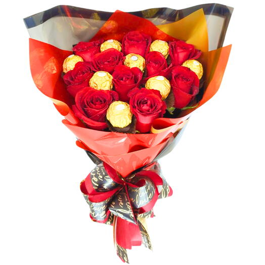 Buquê 10 Rosas - Luxo Vermelho e Ferrero Rocher