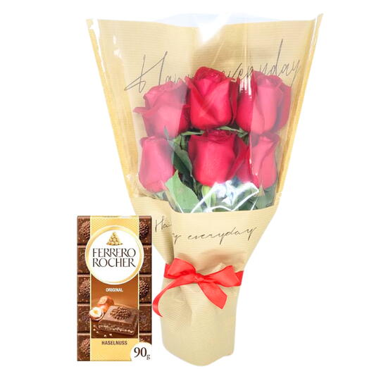 Buquê 6 Rosas Vermelhas e Ferrero em Barra