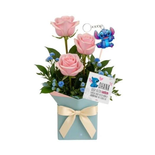 Trio de rosas (cor de rosa) com chaveiro do stitch