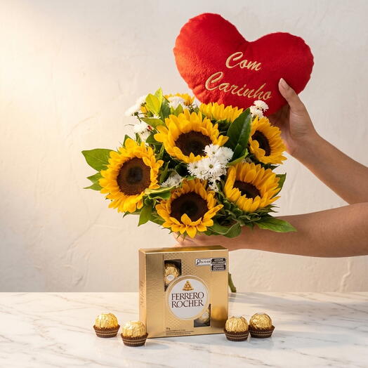 Buquê de Girassol+ Mini Coração de Pelucia e Ferrero Rocher