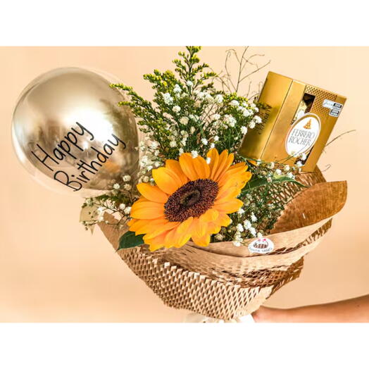 Girassol com Balão e Chocolate Happy Birthday