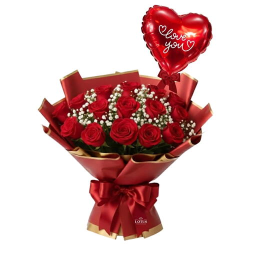 Kit: Buquê de 15 Rosas Vermelhas + Balão Eu Te Amo Pra Sempre
