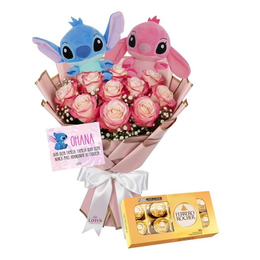 Kit: Buquê Luxo Stitch e Angel + Ferrero Rocher