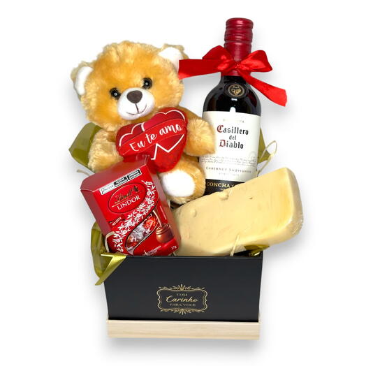 Cesta Box Luxo de Vinho Pequena com Urso e Chocolates