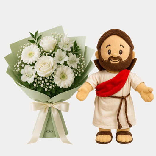 Mini Buquê de Flores Brancas + Pelucia de Jesus