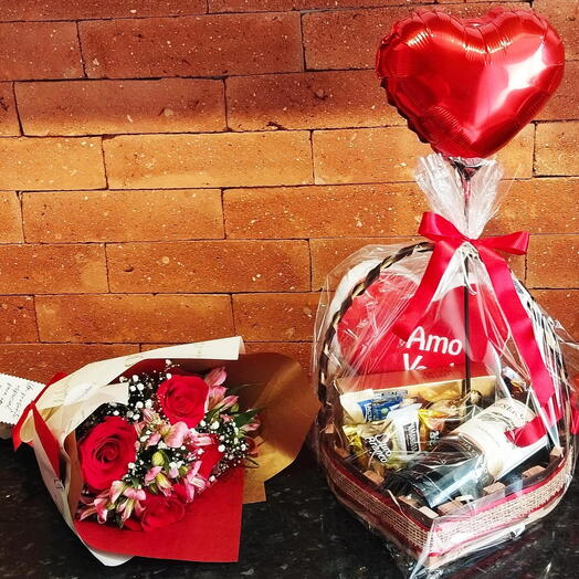 Kit Cesta de Vinho Mais Buquê de Rosas