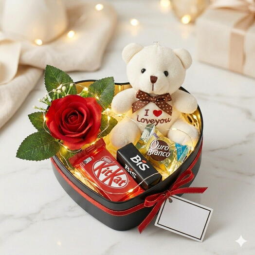 Caixa Coração com Ursinho, Rosa, Chocolate
