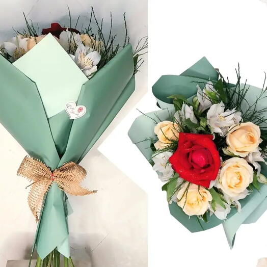 Buquê Rosa Vermelha com Rosas Champanhe