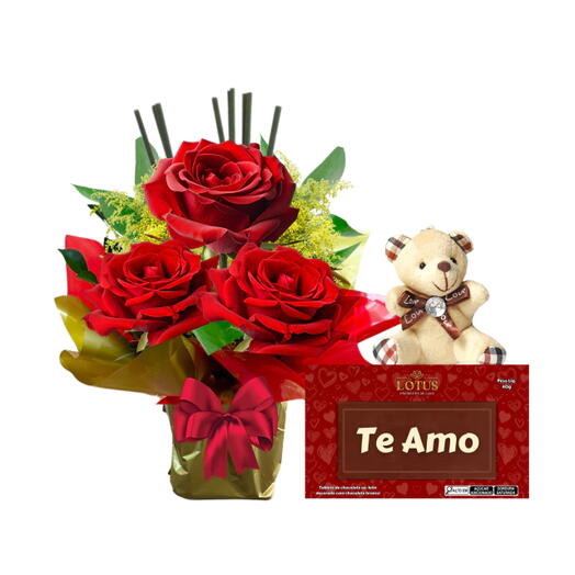 Trio de Rosas + Chocolate "Te amo"+ Pitico "Eu Te Amo Nunca Sai de Moda"