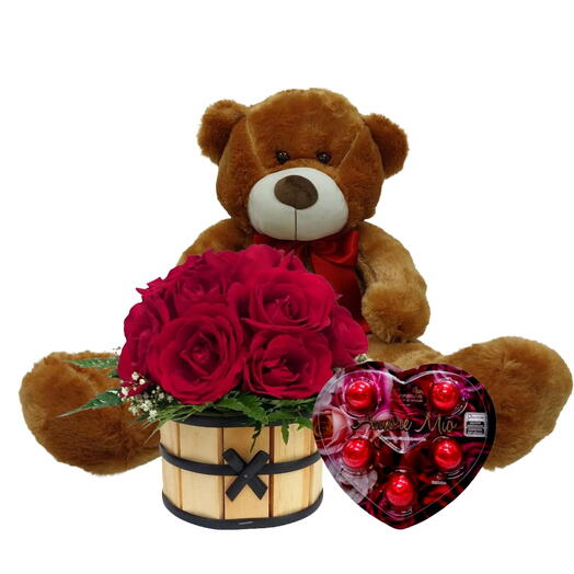 Urso Tedy com Cachepot de Rosas e Chocolate Viermon