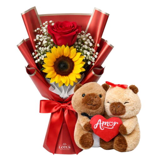 Buquê Girassol e Rosas com Ursinho Capivara