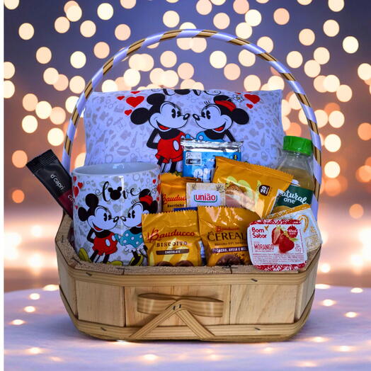 Cesta Namorados - Com Almofada e Caneca Mickey e Minnie Love