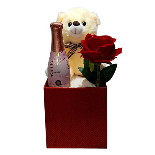 Cesta Romântica com Ursinho, Espumante e Flor Artificial