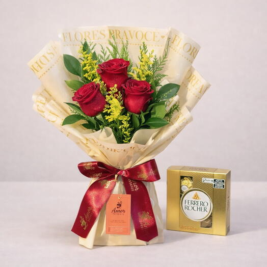 Buquê Coreano com 3 Rosas Premium + Ferrero Rocher