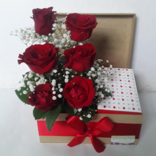 Caixa com 6 rosas Vermelhas e 8 chocolates Ferrero rocher