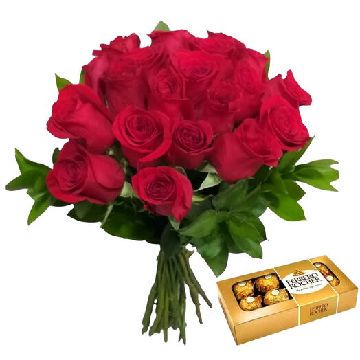 Buquê de 12 Rosas e Ferrero Rocher