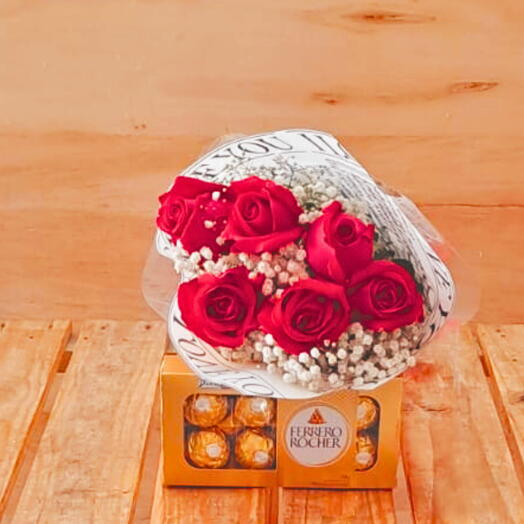 Bouquet com 6 Rosas com Ferrero Rocher