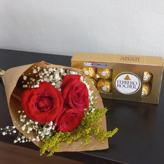 Buquê 3 rosas vermelhas + Ferrero Rocher