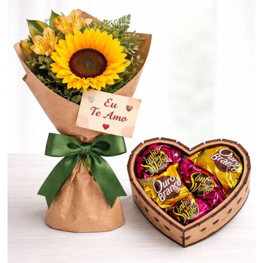 Presente Perfeito Girassol e Caixa de Bombom Coração