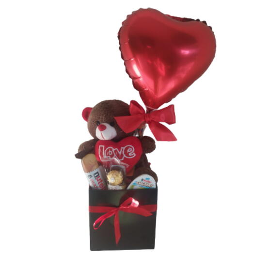 Box com balão, ursinho e chocolate