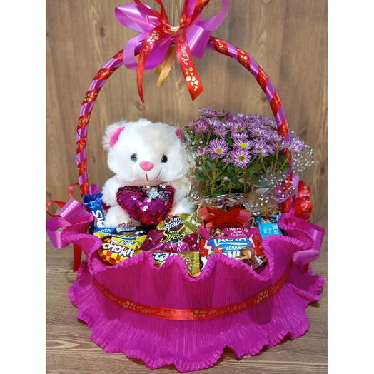 Cesta Romântica com Urso e Flor