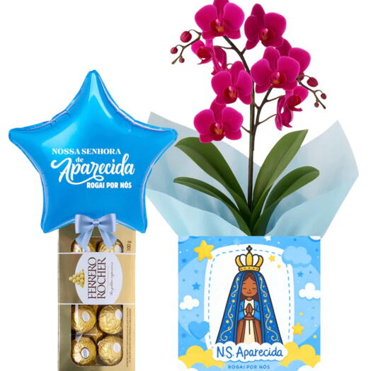 Arranjo De Orquidea No Cachepo Da Nossa Senhora De Aparecida Com Ferrero Roche E Balão Azul De Estrela