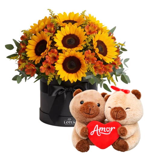 Box Girassois com Astromelias e Ursinho Capivara