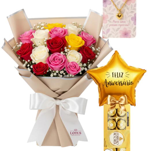 Kit Seu Dia Mais Feliz! - Buquê de 15 Rosas Coloridas + Balão com Chocolate + Colar