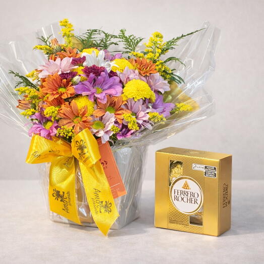 Carinho com Margaridas e Ferrero – Arranjo Floral com Bombons (Cod. Produto:1502)